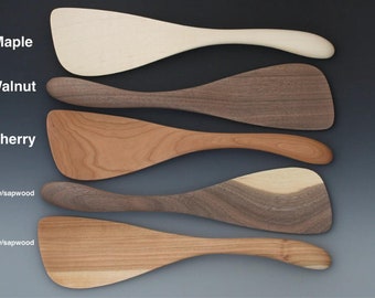 Maple spatula, cherry flipper, walnut, and birch rice paddle. Large Wooden Curved Handled Paddle Spoon.