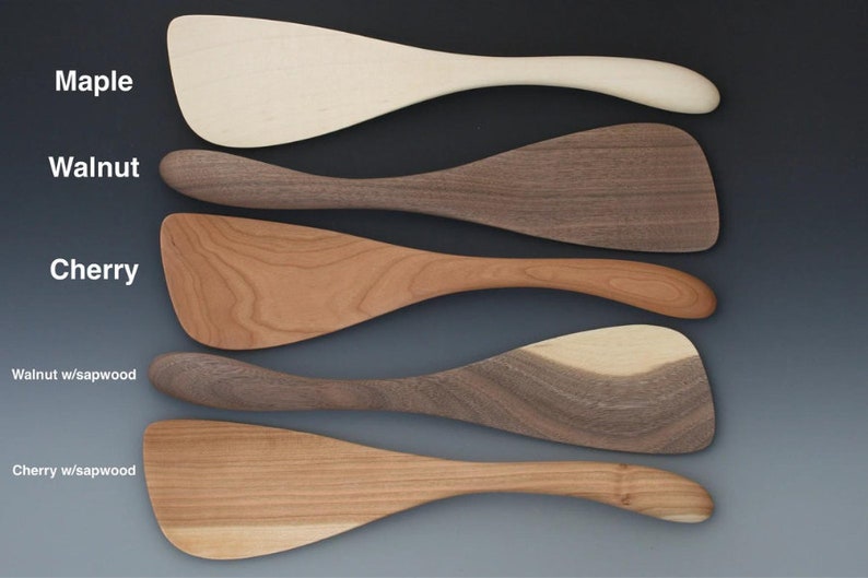 Maple spatula, cherry flipper, walnut, and birch rice paddle. Large Wooden Curved Handled Paddle Spoon. image 1