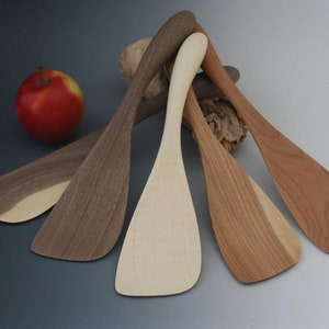 Maple spatula, cherry flipper, walnut, and birch rice paddle. Large Wooden Curved Handled Paddle Spoon. image 6