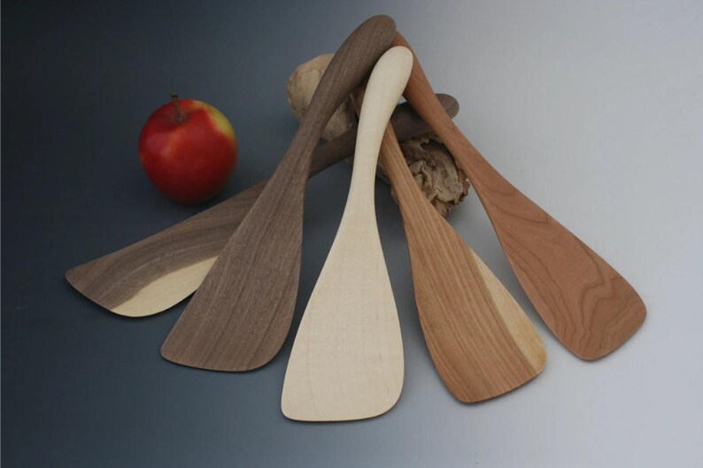 Maple spatula, cherry flipper, walnut, and birch rice paddle. Large Wooden Curved Handled Paddle Spoon. image 6