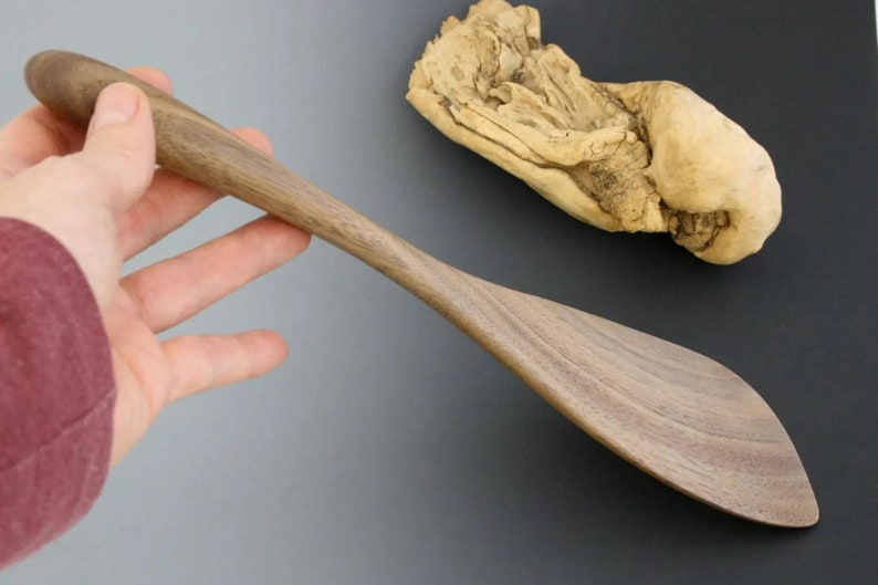 Maple spatula, cherry flipper, walnut, and birch rice paddle. Large Wooden Curved Handled Paddle Spoon. image 3