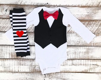Baby Boy Valentines Black Vest and Leg Warmers, Baby Tuxedo, Red Bowtie, Faux Vest Snap Bowtie, Baby Formal Wear, Black and White Stripe