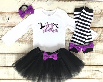 Baby Girl Halloween Outfit, Halloween Costume, Happy Halloween, Witch, Purple Bows, Black Tutu, Striped Leg Warmers, Kids, Toddler