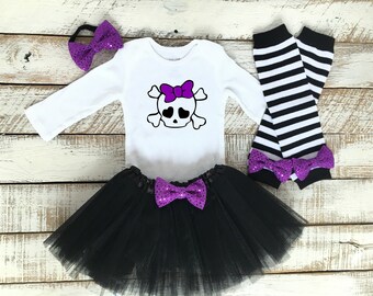 Baby Girl Halloween Costume, Halloween Outfit, Skeleton Costume, Poison Skull, Purple Bows, Black Tutu, Striped Leg Warmers, Kids, Toddler