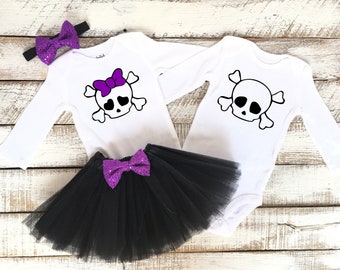 Halloween Skull and Cross Bones Outfits for Brother and Sister, Matching Costumes, Tutu, Black Purple, Poison Girl, Baby Toddler Kids, Twins