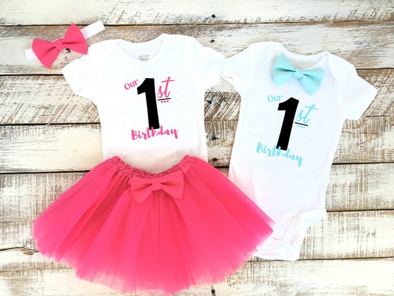 Light Pink Tutu Boy and Girl Twins Custom Names Pink and Blue 1st Birthday Outfits Birthday Matching Outfits Personalized Aqua Bow Tie