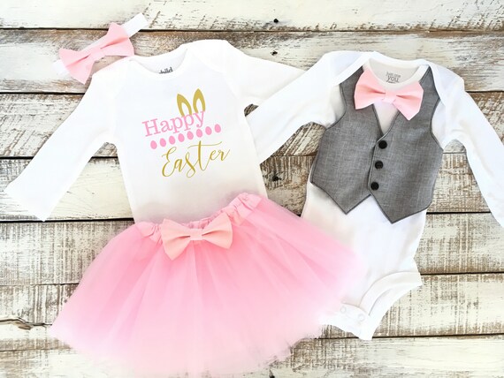 baby boy and girl matching easter outfits