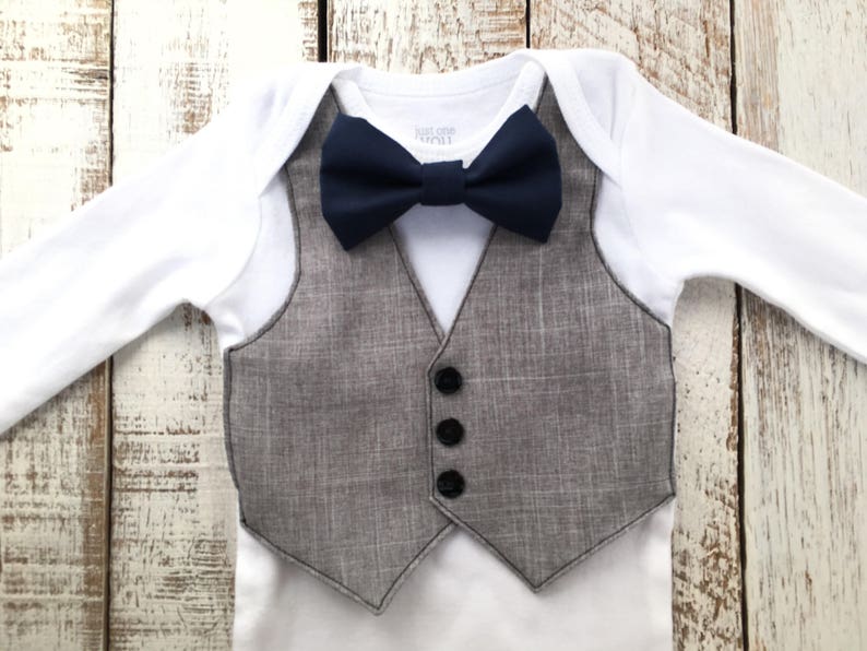 Baby Boy Wedding Outfit Navy Blue Bow Tie Grey Vest Faux - Etsy