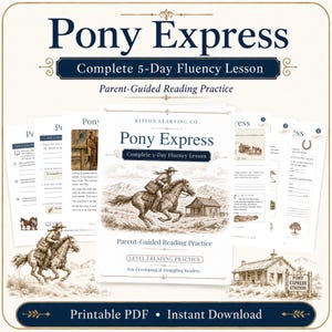 May include: A Pony Express Complete 5-Day Fluency Lesson printable PDF document featuring a central illustration of a rider on horseback, text headers, reading practice instructions, and a small cabin graphic, all in a dark blue and white color scheme.
