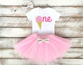 Ice Cream Cone Birthday Outfit for Girls, Baby Girl 1st Birthday, Cake Smash, Light Pink Tutu Skirt, Sprinkles Bow Headband, One Year Old