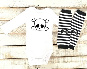 Baby Boy Skull and Cross Bones Halloween Outfit, Poison Costume for Toddlers, Black and White Striped Leg Warmers, Kids, Skeleton