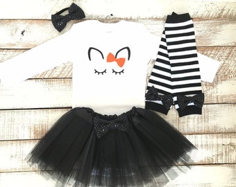 Black Cat Halloween Costume for Baby Girl, Halloween Outfit, Orange Glitter, Black Bows, Black Tutu, Striped Leg Warmers, Kids