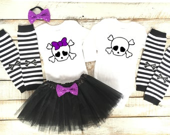 Twins Skull Halloween Outfits, Boy Girl Twin, Matching Brother Sister Costumes, Black Tutu, Purple, Black White Leg Warmers, Baby, Toddler