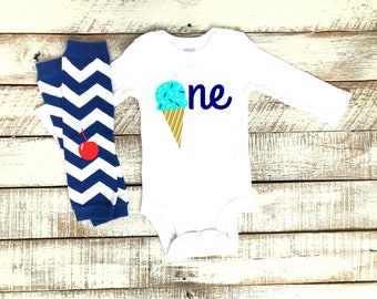 Ice Cream 1st Birthday Outfit for Boys, Sprinkles, Ice Cream Cone Theme, First Birthday, Baby Boy, Toddler, Blue Chevron Leg Warmers, One