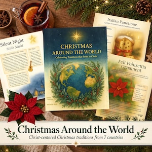 May include: A collection of educational activity sheets titled Christmas Around the World, featuring a central book cover with a globe illustration, surrounded by printed pages about Silent Night, Italian Panettone, and a felt poinsettia ornament.