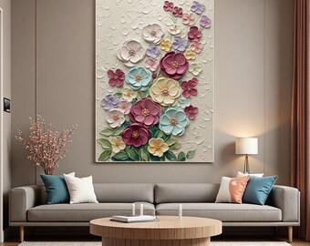 Minimalist 3D Floral Oil Painting on Canvas,3D Colorful Textured Wall Art,Purple Wall Art,Impasto Blossom Flower Artwork,Living Room Decor