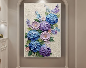 Original Blue Purple Hydrangea Oil Painting on Canvas,Blue Flower Art,Textured Impasto Wall Decor,Modern Nature Decor for Living Room
