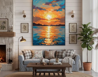 Textured Abstract Sunset Ocean Oil Painting,Colorful Sunrise Wall Art,Textured Seascape Wall Art,Modern Nature Large Decor for Living Room