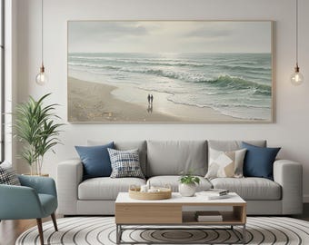 Original Oil Painting of A Couple Walking on The Beach,Seascape Oil Painting,Seaside Scenery Wall Decor,Green Wall Art,Living Room Decor