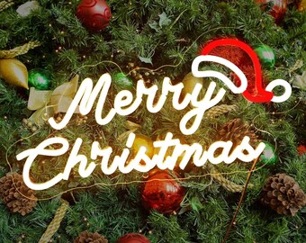 Merry Christmas Neon Sign Wiht Santa Hat,Festive Holiday Wall Decor,Santa Hat Neon Sign,Holiday Party Neon Light,Custom Chirstmas Neon Light
