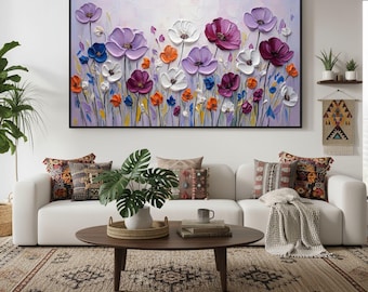 Original Purple Floral Oil Painting on Canvas,Textured Abstract Wall Art,Impasto Purple Flower Painting,Purple Wall Art,Living Room Decor