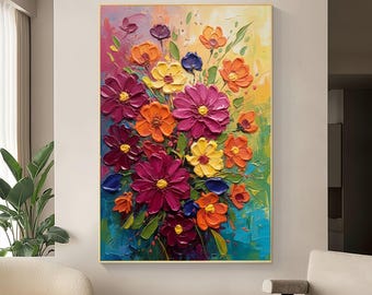 Original Vibrant Floral Canvas Oil Painting,Abstract Textured Art,Impasto Colorful Flower Oil Painting,Gift for Her,Large Living Room Decor