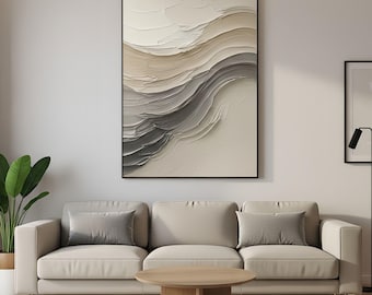 Neutral Textured Abstract Oil Painting on Canvas,Beige Waves Wall Art,Large Wall Art,Wave Wall Decor,Minimalist Modern Decor for Living Room