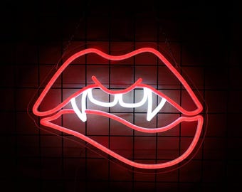 Lips and Fangs Neon Sign,Lips Sign,Red lips,Halloween Neon Sign,Scary Halloween LED Light,Halloween Neon Sign,Light-up Sign,Gothic Neon Sign