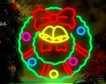Christmas Wreath Neon Sign with Red Bow,LED Xmas Door Sign,Round Holiday Wall Decor,Christmas Decor,Festive Window Light,Winter Party Prop