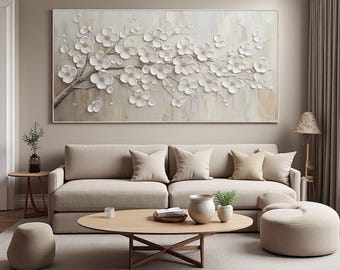Minimalist White Floral Oil Painting on Canvas,Original Textured Abstract Wall Art,Impasto Flower Painting,Living Room Decor,White Wall Art