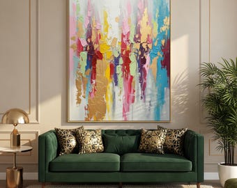 Textured Colorful Abstract Canvas Oil Painting,Impasto Artwork Decor,Boho Wall Decor,Gold Abstract painting,Modern Living Room Decor Work