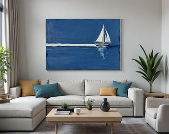 Minimalist Blue Ocean Nature Canvas Oil Painting,Sailboat Wall Art,Large Wall Art,Blue Art,Modern Decor for Living Room,Sailing on The Sea