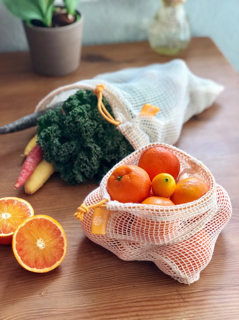 organic cotton shopping nets yellow Set 2 L + M