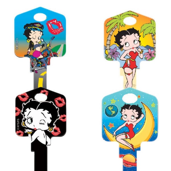 Betty Boop Clé de maison peinte vierge, grande tête pour la maison ou le bureau, non coupée par Pretty-Keys, idéale pour les motards souffrant d'arthrite, la plage, la lune ou les baisers