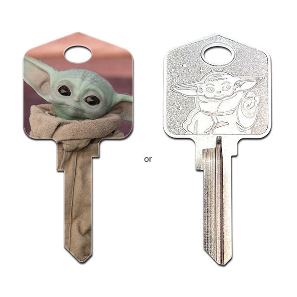 Star Wars Mandalorianer Grogu "Das Kind" aka Baby Yoda Wahlweise ""Coin-Style" oder vollfarbig bemalter Hausschlüsselrohling großer Kopf"""