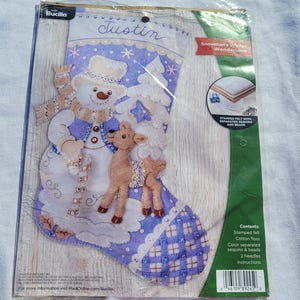 Completed/Finished Bucilla Christmas stocking Snowman&#39;s Winter Wonderland.