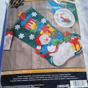 Completed/Finished Bucilla Christmas stocking Snowman with Presents.