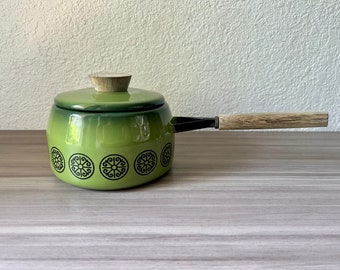 Vintage Finel Avacado Green Enamel Pans 1970s Raja Uosikkinen Design Cookware Enamelware Danish Mid Century Curvy Fondue Pot