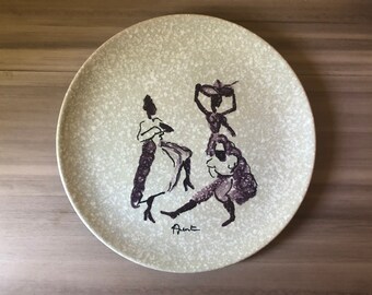 Vintage Alvaro Cartei african plate, Italy Pottery Decorative Plate Hand Painted with Spanish Dancers, Mid Century Italian Plate