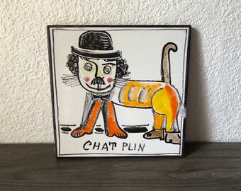 1960s Italian Pottery Trivet , Vintage Chat Plin Italian Tile Trivet, Hand Painted Cat Character tile trivet