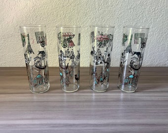 Set of 4 Vintage Libby World Travels Tom Collins Glasses MCM Paris Spain Eiffel Tower Spanish Dancer Bull fighter London Guard Taj Mahal