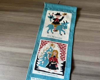 Vintage Aase Og Preben Jangaard wall hanging, textile, with motifs from his famous fairy tales. Danish design from the 70s.