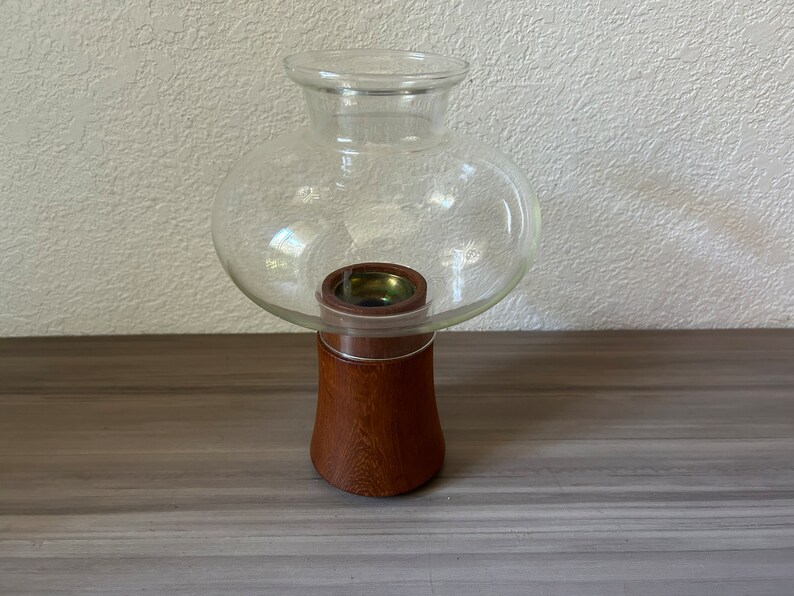 Dansk Teak Wood & Brass Hurricane Lamp Base Glass Globe Jens Quistgaard Design Vintage Danish Modern Candle Holder image 5