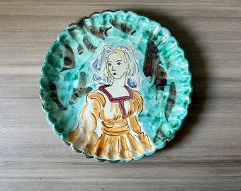 Vintage Mid Century hand-painted Lady Italy Italian Pottery Plate, Renaissance hand painted lady