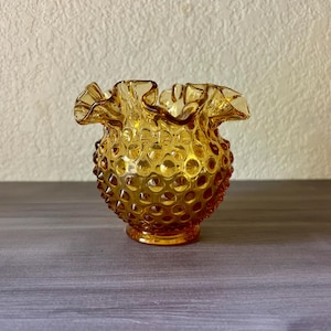 Vintage Fenton Amber Hobnail Autumn Gold Ruffled Edge Bud Vase Ball Vase, Ruffle Crimped Edge Bowl