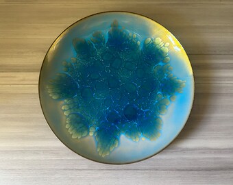 Vintage 8" Handmade By KAREKA Copper Enameled Dish, Signed, Turquoise & Blue-Green Enamel Dish, MidCentury Modern enamel