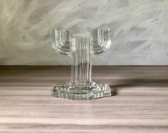 Vintage glass cactus shape candelabra candle holder, Hocking glass Co. Queen Mary Cactus double candle holders