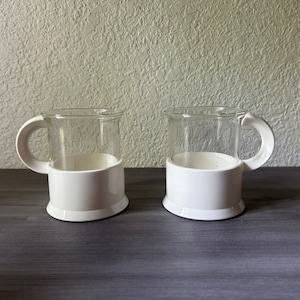 Vintage Bodum Arch I glassware, set of 2, White Glass cups, Glass Bodum, Clear Glass and White Plastic, Vintage 1970&#39;s