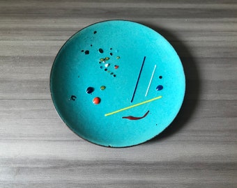 Vintage Mid-Century Modern enamel on copper dish, abstract enamel on copper trinket dish, atomic age enamel on copper