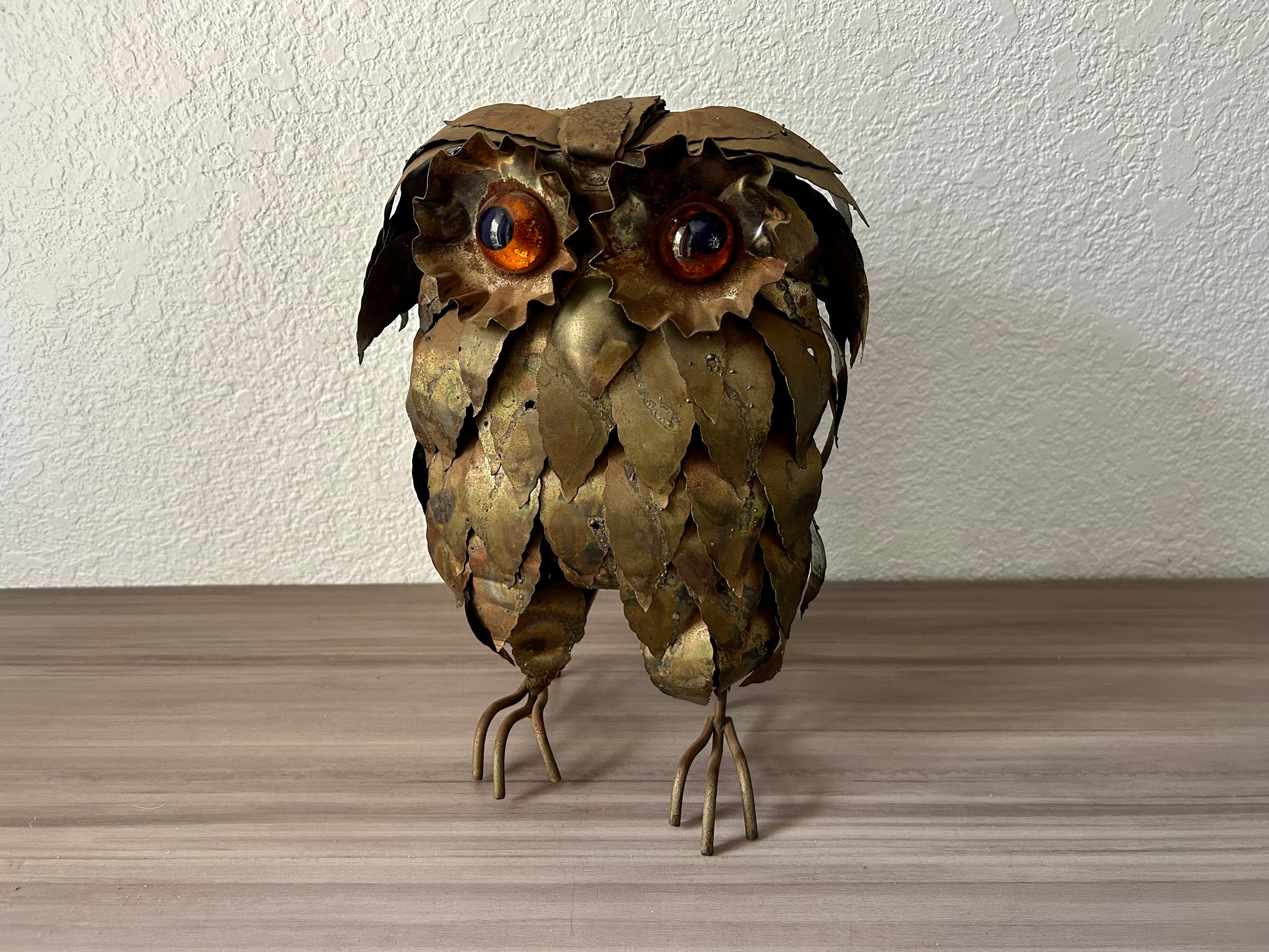 Vintage Brutalist Metal Owl Sculpture, Enesco, C. Jere Era, Retro 70's Home Decor